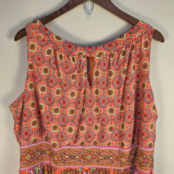 London Times Womens 20W Maxi Dress Orange Pink Paisley Medallion Sleeveless - Picture 3 of 10